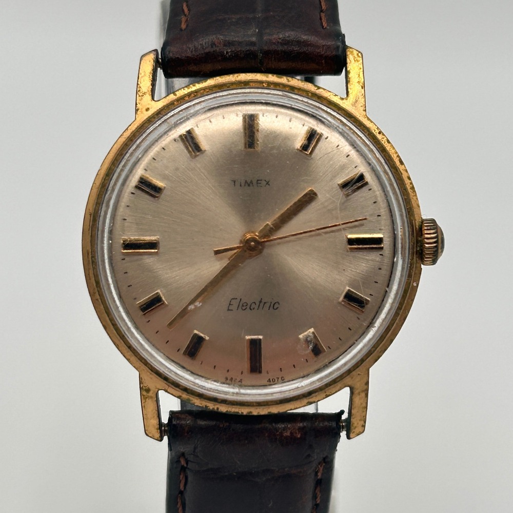 Vtg‎ Timex Electric Mens Watch Gold Tone Champagne Dial Brown Leather FOR REPAIR